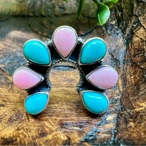 925 Sterling Silver Conch & Turquoise Multi Stone Ring Sz 9+  Southwestern
